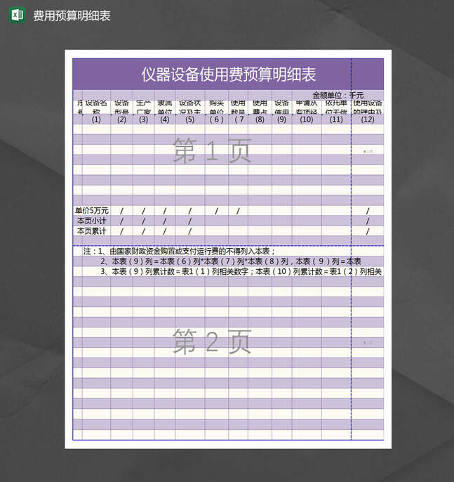 仪器设备使用费预算明细表Excel表格制作模板