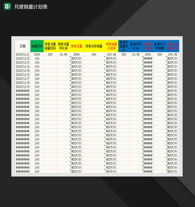 淘宝店铺运营月度销量计划表Excel表格制作模板