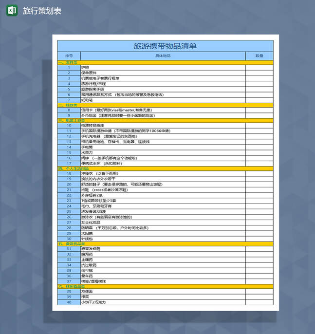旅游携带物品清单Excel表格制作模板