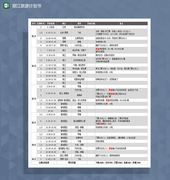 丽江旅游计划书Excel表格制作模板