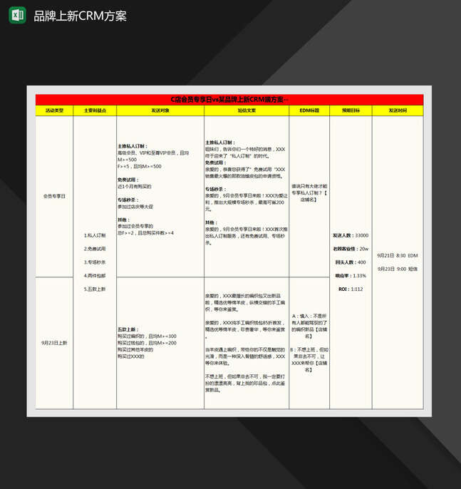 会员专享日vs某品牌上新CRM端方案Excel表格制作模板