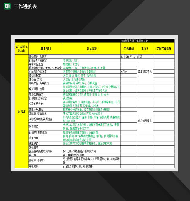 淘宝618年终大促工作进度总表Excel表格制作模板