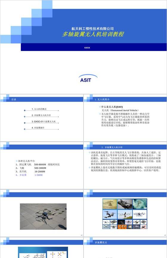 蓝色多轴旋翼无人机培训教程PPT模板素材中国网精选
