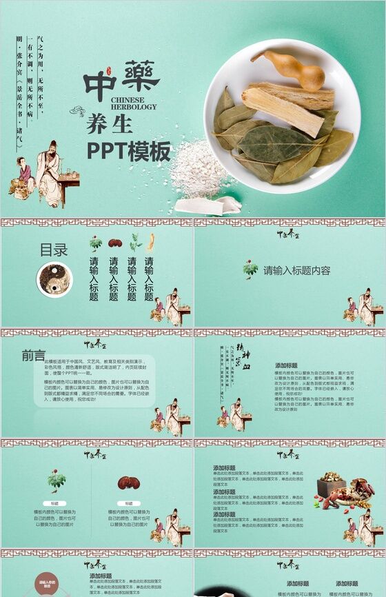 绿色清新简约中医药养生中医文化介绍宣传PPT模板16素材网精选