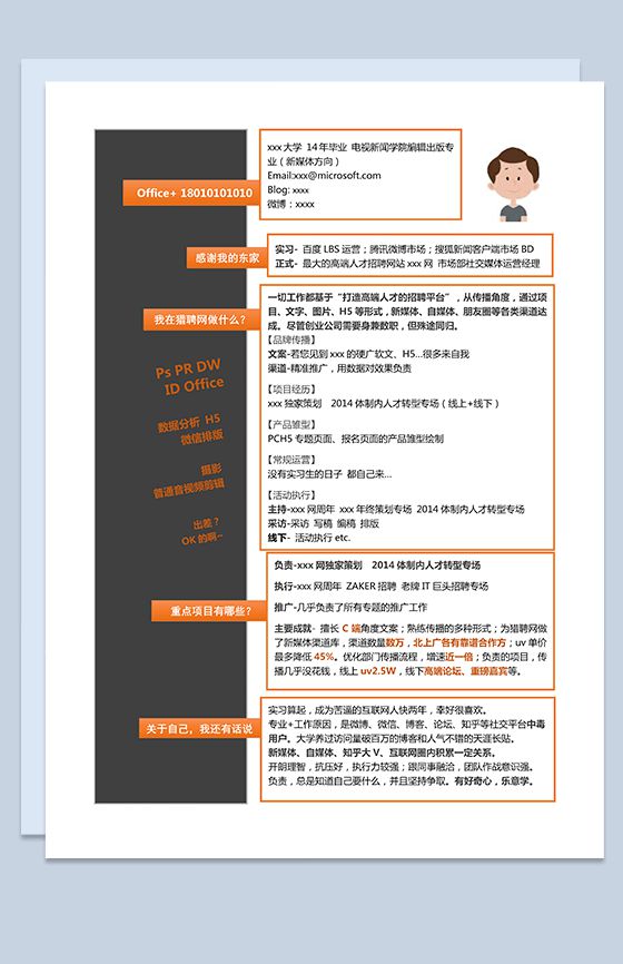 创意橙色新媒体求职简历Word模板素材中国网精选
