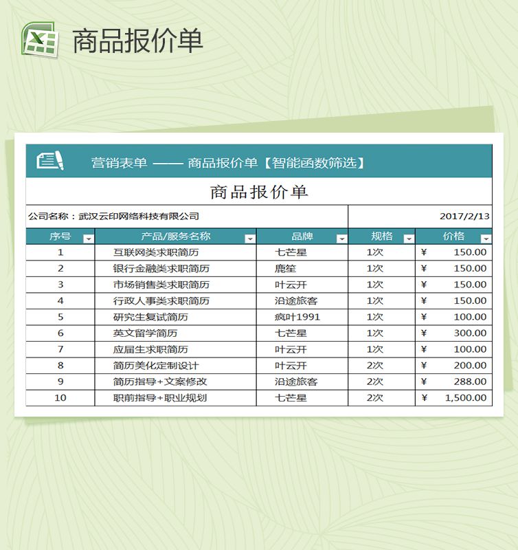某公司商品报价单表格Excel表格制作模板素材中国网精选