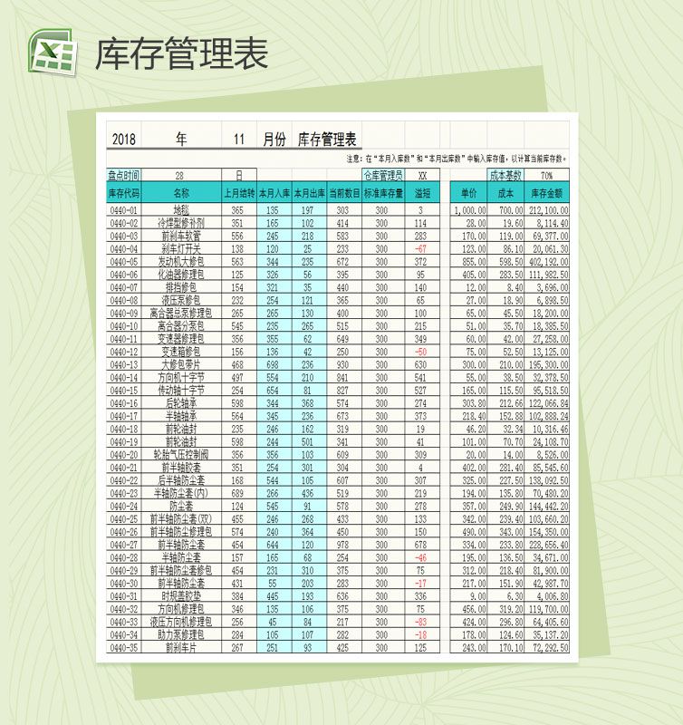 商品月度库存管理表Excel表格制作模板16素材网精选