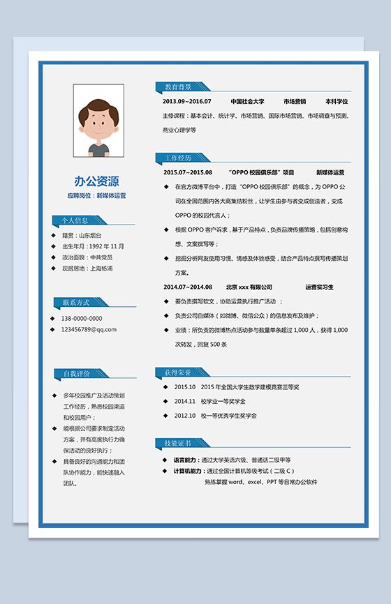 蓝色边框新媒体求职简历Word模板素材中国网精选
