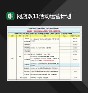 网店双11活动运营计划表Excel表格制作模板素材中国网精选