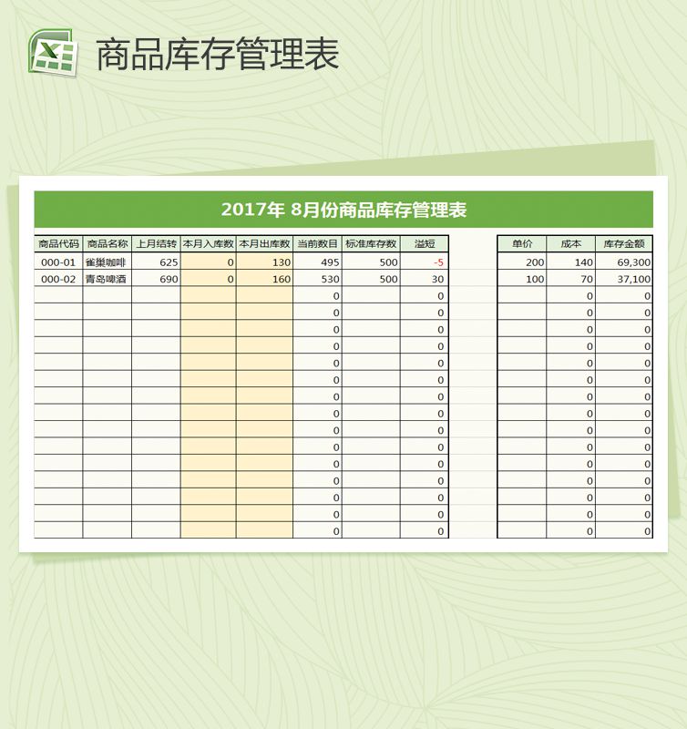 商品库存管理表Excel表格制作模板素材中国网精选