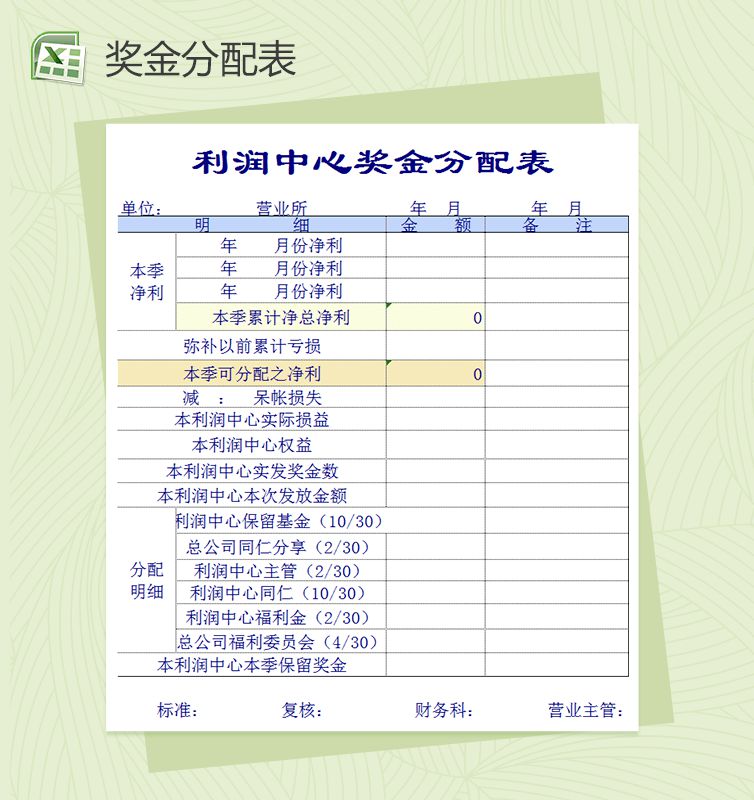利润中心往来利息奖金分配表格Excel表格制作模板素材中国网精选