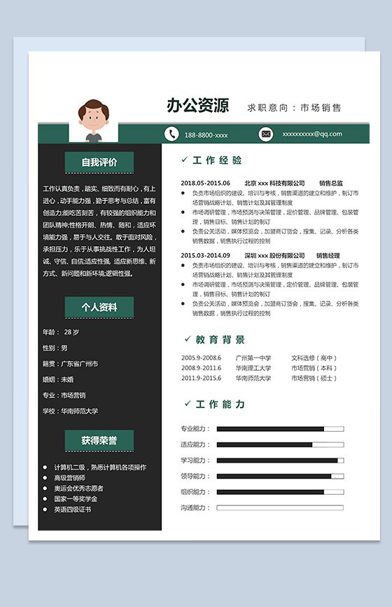 黑绿色高端个人求职网络销售简历Word模板素材中国网精选