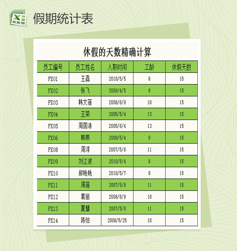员工每年可休假天数统计表Excel表格制作模板素材中国网精选