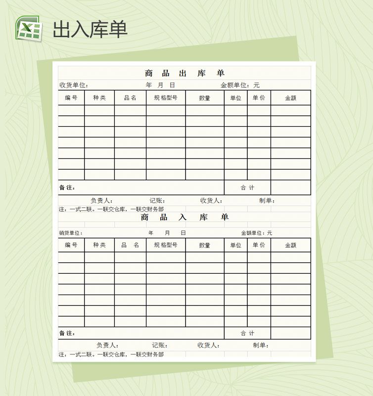 三联格式商品出入库单Excel表格制作模板素材中国网精选