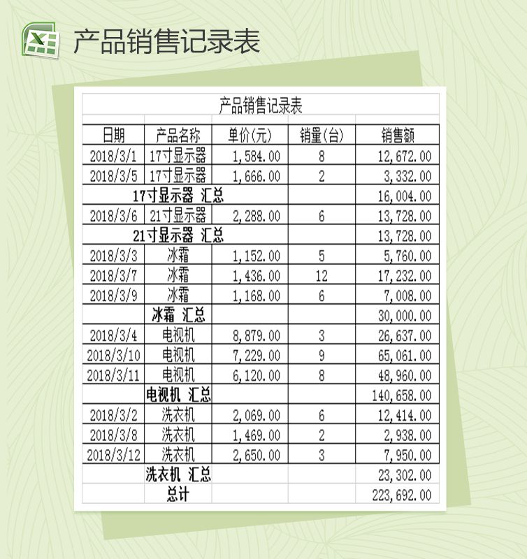 产品销售记录表通用Excel表格模板