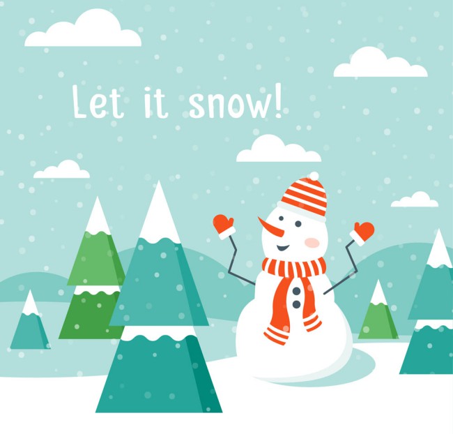 卡通雪中雪人和树木矢量素材16素材网精选