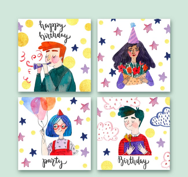 4款彩绘生日派对人物卡片矢量素材16素材网精选