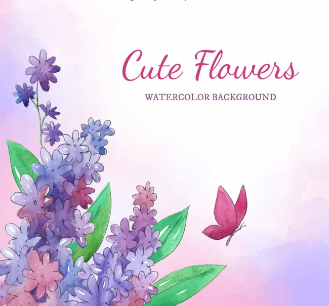 水彩绘紫色花卉和蝴蝶矢量图16素材网精选