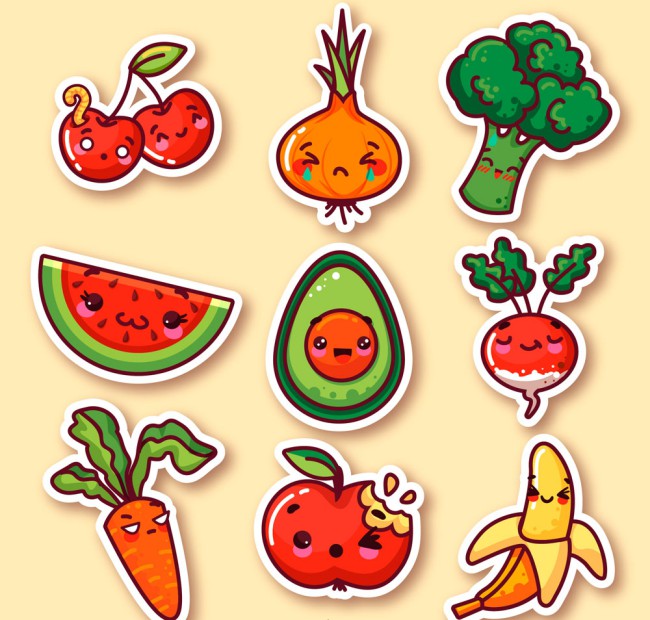9款可爱表情蔬菜和水果贴纸矢量图普贤居素材网精选