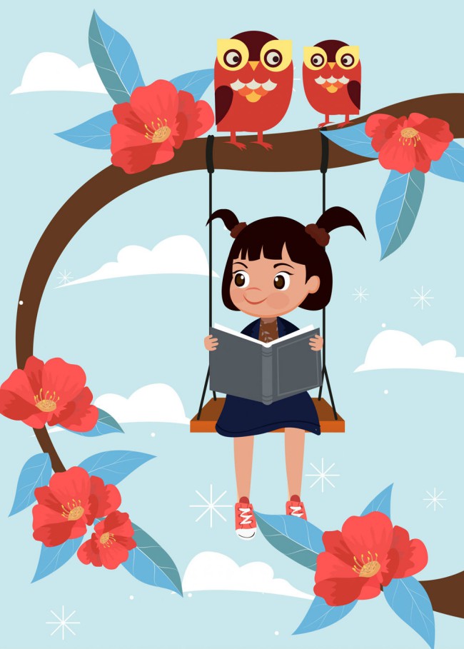 创意花树秋千上读书的女孩矢量图素材中国网精选