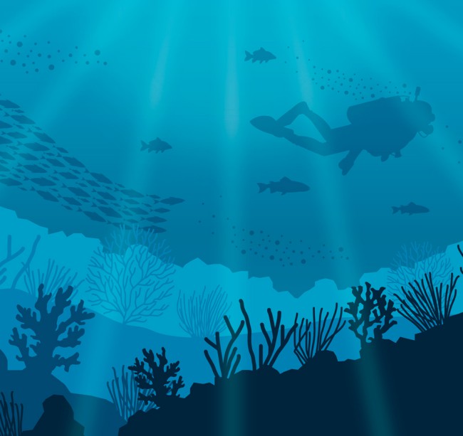 蓝色海底鱼群和潜水人物剪影矢量素材16图库网精选