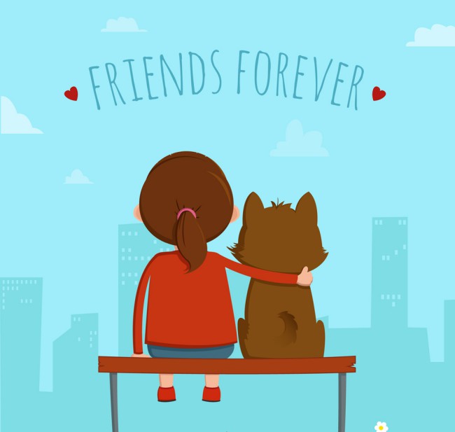 可爱国际友谊日女孩和宠物狗背影矢量图16素材网精选