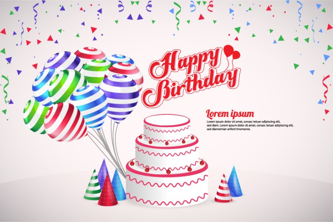 精美生日蛋糕和条纹气球束矢量图素材中国网精选