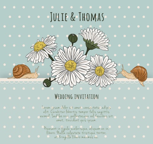手绘菊花和蜗牛婚礼海报矢量图素材