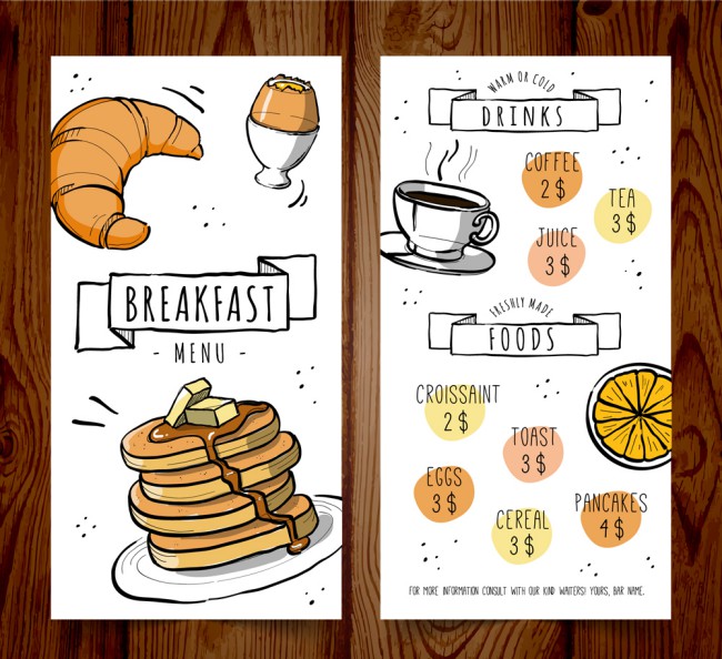 彩绘餐馆早餐菜单正反面矢量素材16图库网精选