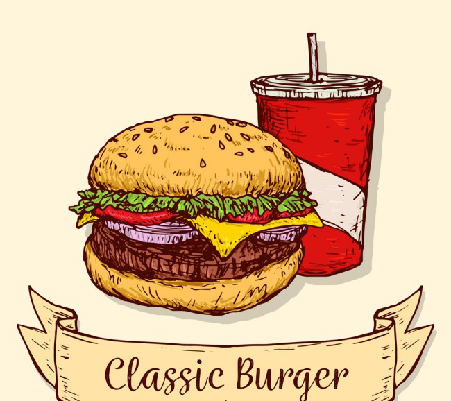 彩绘美味汉堡包和可乐矢量图16素材网精选