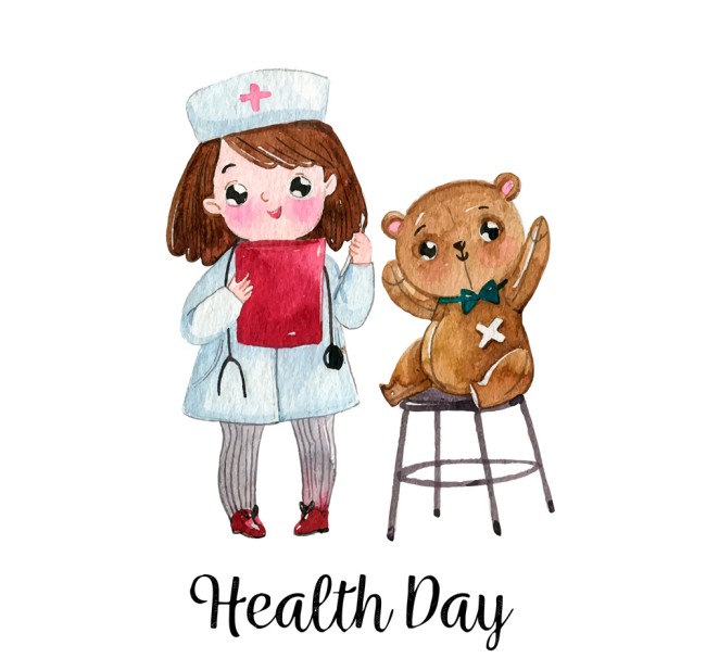 水彩绘世界健康日女孩和玩偶熊矢量图普贤居素材网精选