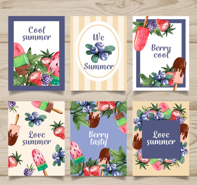 6款彩绘夏季蓝莓和雪糕卡片矢量图普贤居素材网精选