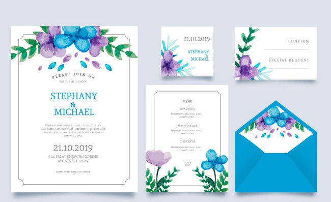 5款蓝色花卉婚礼卡片矢量素材16图库网精选