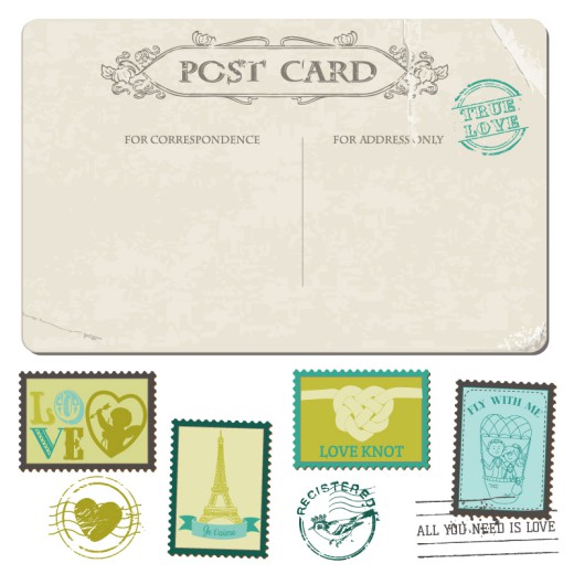 7款复古婚礼明信片与邮票矢量图普