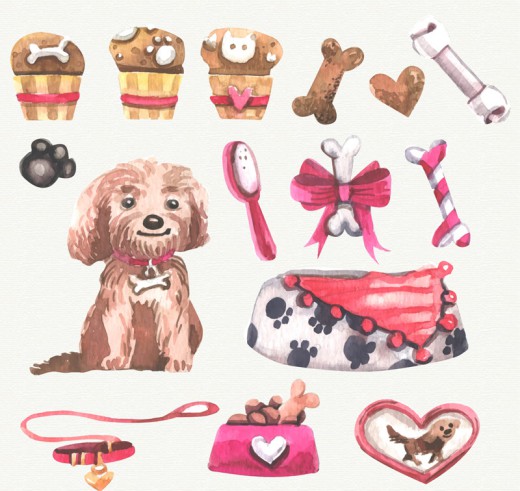 15款水彩绘宠物狗及用品矢量素材素材中国网精选