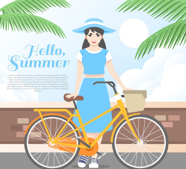 夏季海边度假女孩和单车矢量素材素材中国网精选