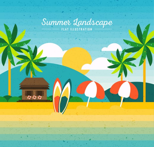 夏季度假沙滩冲浪和椰子树风景矢量素材普贤居素材网精选