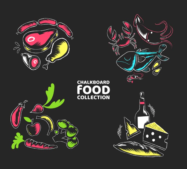 4组彩色食物黑板画矢量素材素材中国网精选
