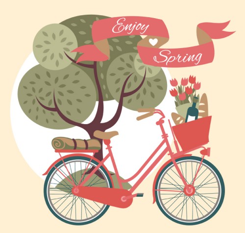 春季树木与单车矢量素材素材天下精选