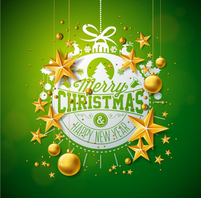 金色星星装饰绿色圣诞贺卡矢量图素材中国网精选