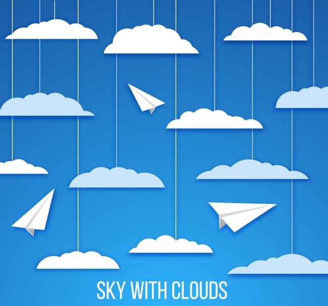 蓝色天空中的云朵和纸飞机矢量图普贤居素材网精选
