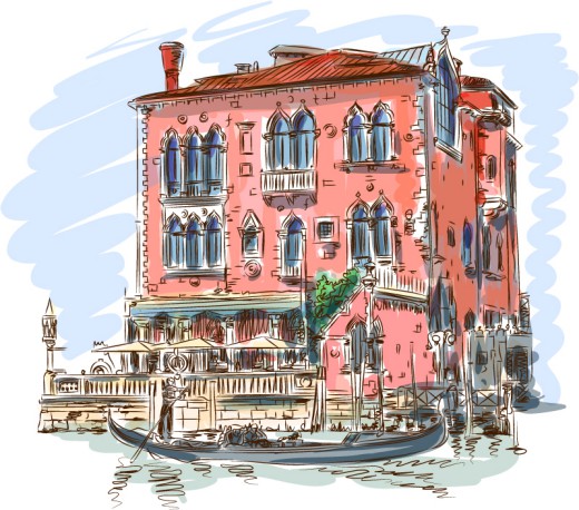 水彩绘威尼斯楼房与船矢量素材16设计网精选