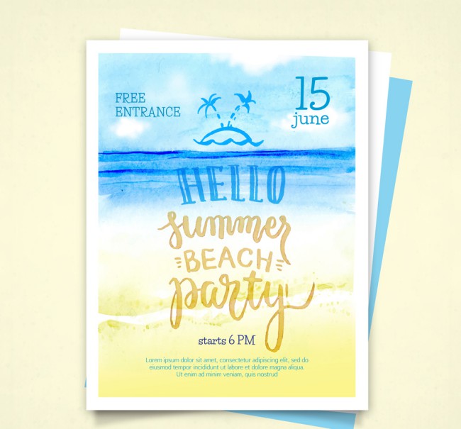 水彩绘夏季沙滩派对宣传单设计矢量