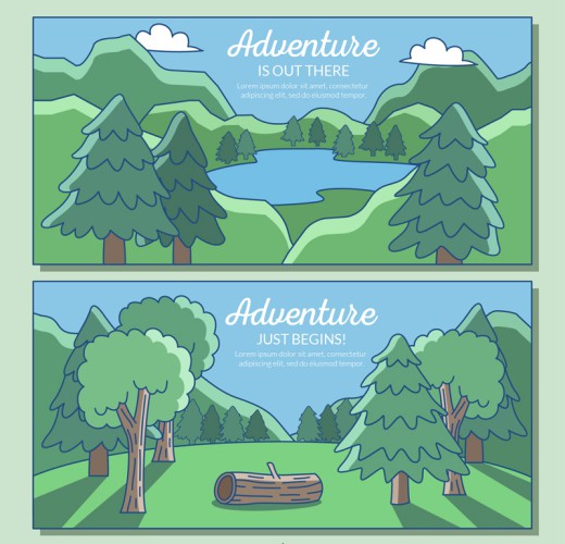 2款彩绘森林与湖泊风景矢量图素材