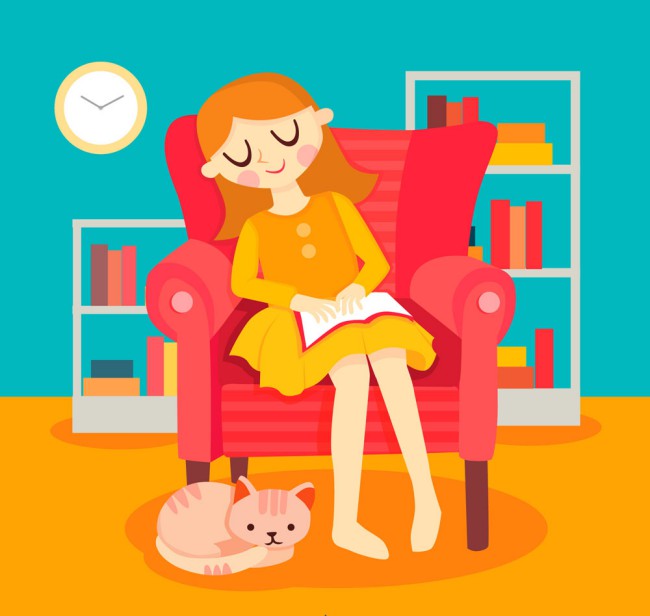 卡通沙发上睡着的读书女孩矢量素材普贤居素材网精选