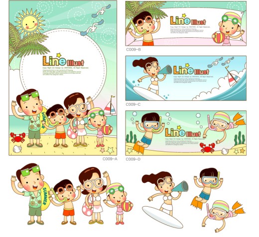 卡通海边度假家庭矢量素材16图库网