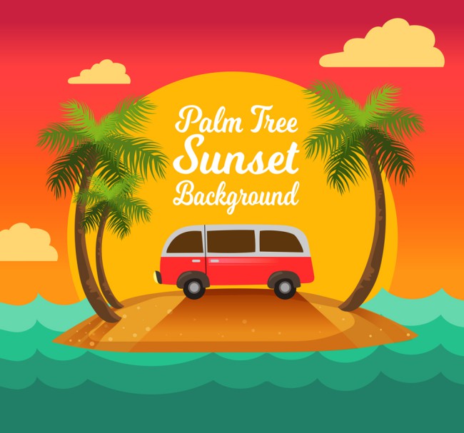 创意夕阳下的棕榈树和度假车矢量图16素材网精选