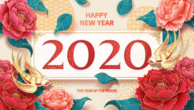 2020年精美牡丹花和燕子贺卡矢量图16图库网精选