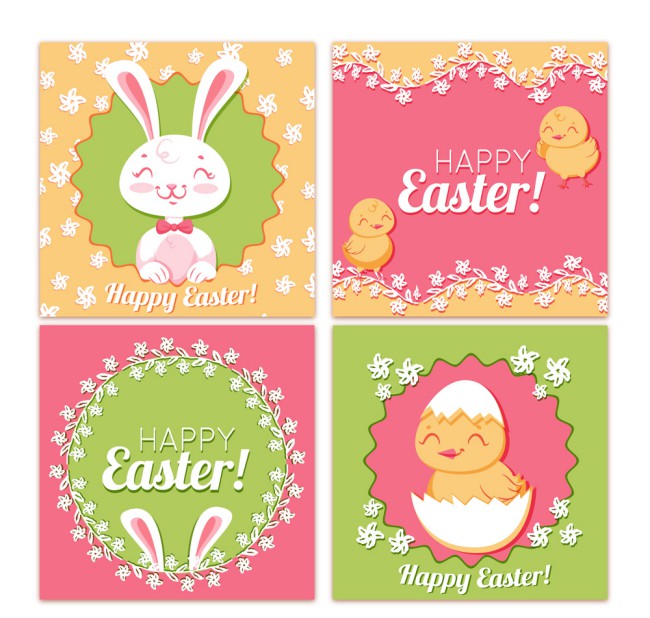 4款可爱复活节微笑兔子和小鸡卡片