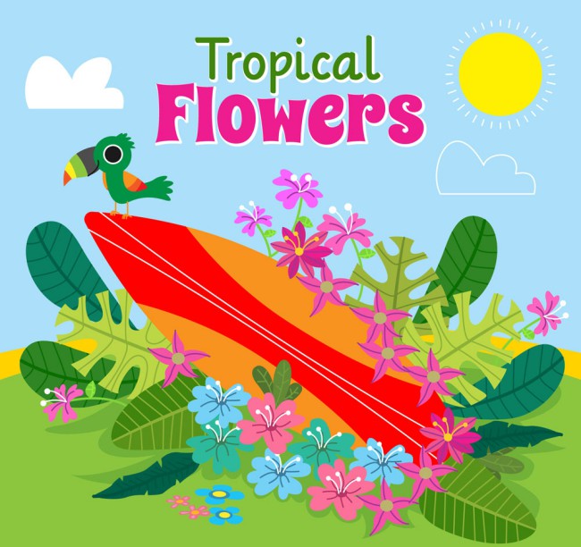 彩色热带花卉和冲浪板矢量素材16素材网精选